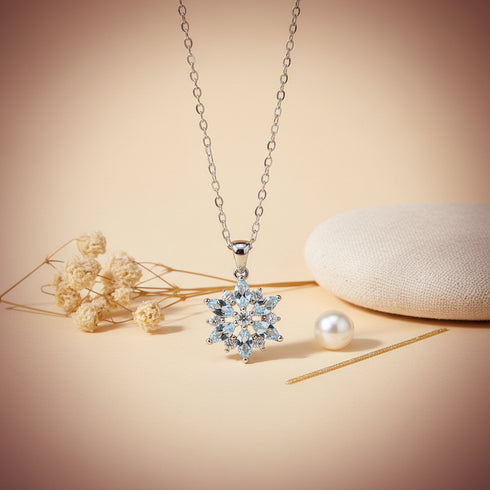 Aquamarine Zircon S925 Sterling Silver Necklace Women's Clavicle Chain Snowflake Pendant Simple Temperament Original Design Christmas Gift