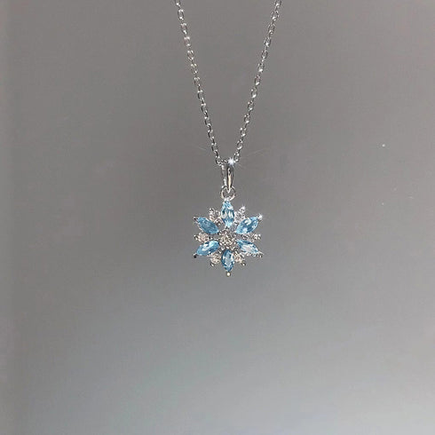 Aquamarine Zircon S925 Sterling Silver Necklace Women's Clavicle Chain Snowflake Pendant Simple Temperament Original Design Christmas Gift
