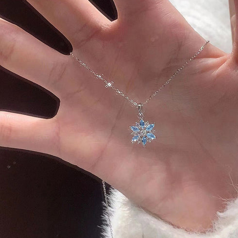 Aquamarine Zircon S925 Sterling Silver Necklace Women's Clavicle Chain Snowflake Pendant Simple Temperament Original Design Christmas Gift